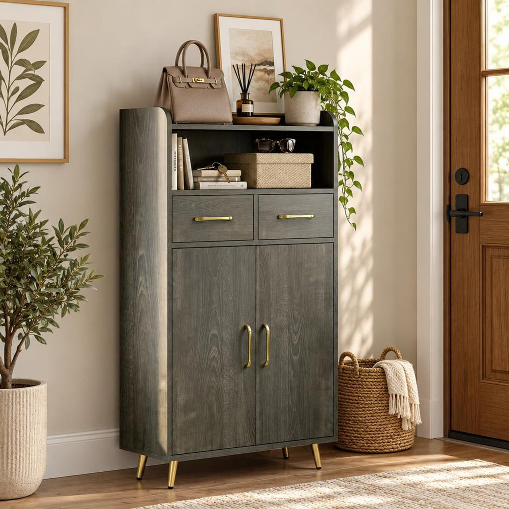 Airfind Bathroom Storage Cabinet Freestanding Floor Cabinet with 2 Drawers and 2 Doors, 44 lbs Capacity, Engineered Wood Metal Frame, Gray