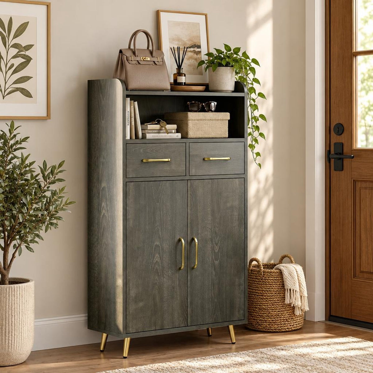 Airfind Bathroom Storage Cabinet Freestanding Floor Cabinet with 2 Drawers and 2 Doors, 44 lbs Capacity, Engineered Wood Metal Frame, Gray