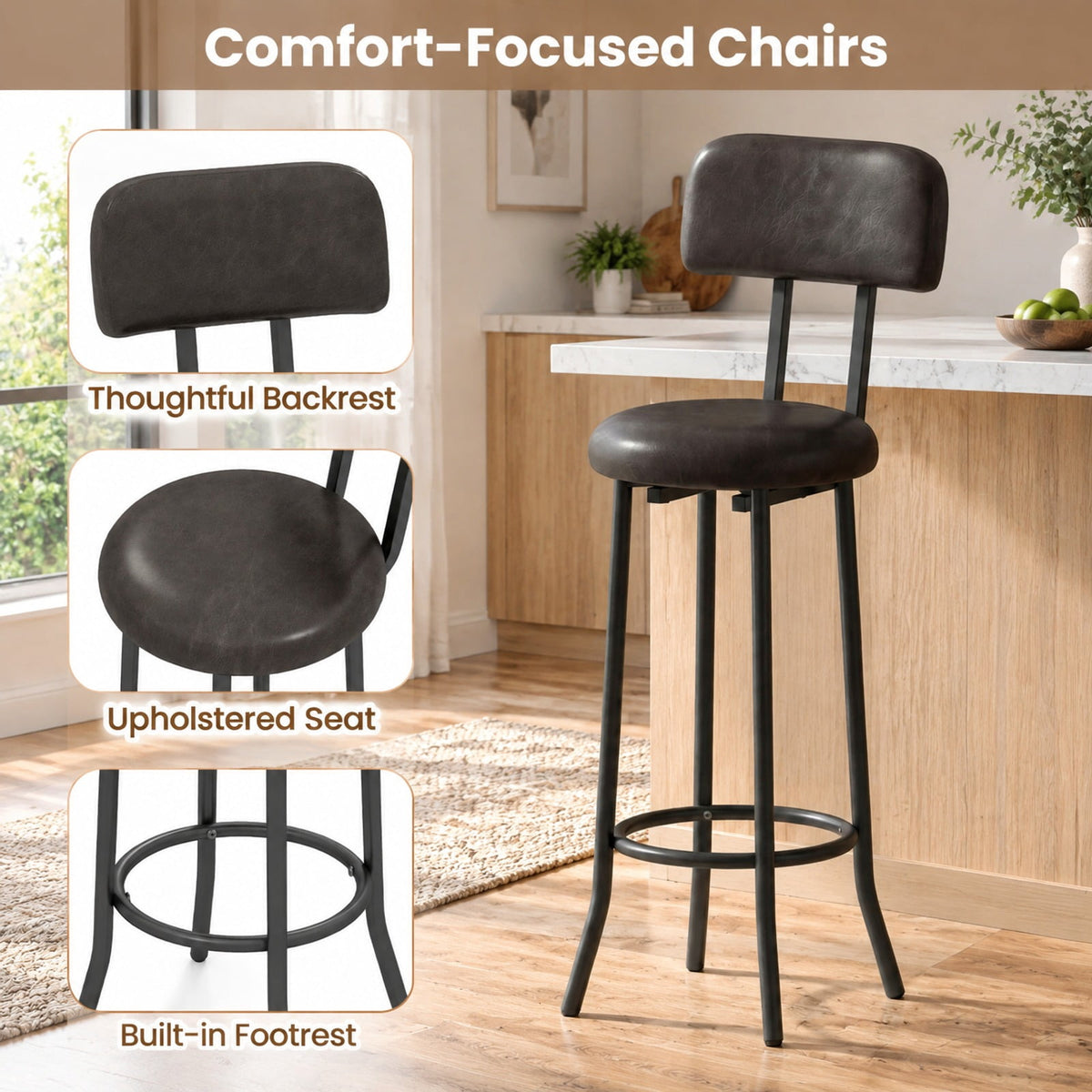 Airfind 3-Piece Industrial Bar Table Set with 2 Upholstered Stools and Footrests for Dining Room, 220 lbs Capacity, 40 × 16 × 36 Footprint, Brown