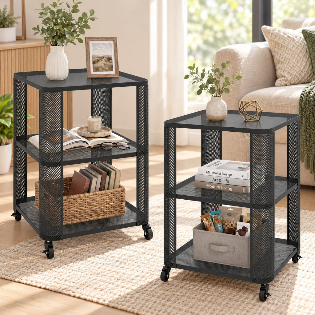 Airfind 3-Tier End Table with Wheels Rolling Side Table with Open Storage Shelves-Set of 2, 112 lbs Capacity, Metal Frame, 16 x 16 x 22 Footprint