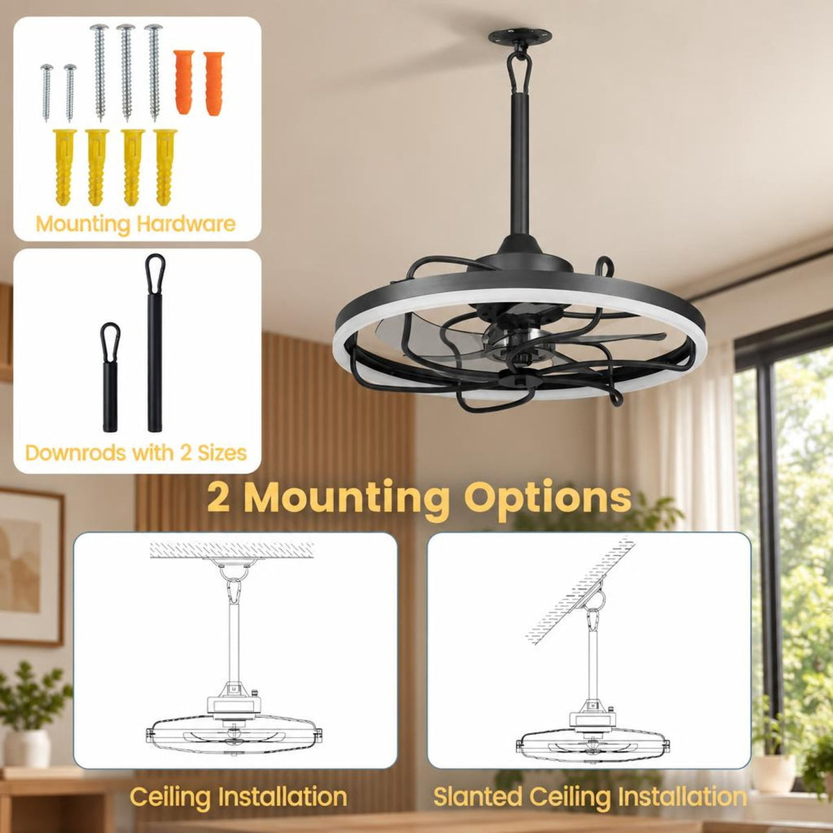 Airfind 20 Inch Ceiling Fan with Dimmable LED Light 6 Speeds and Timer, ABS Frame, 20 Inch x 15 Inch Footprint, Memory Function for Added Convenience, Black