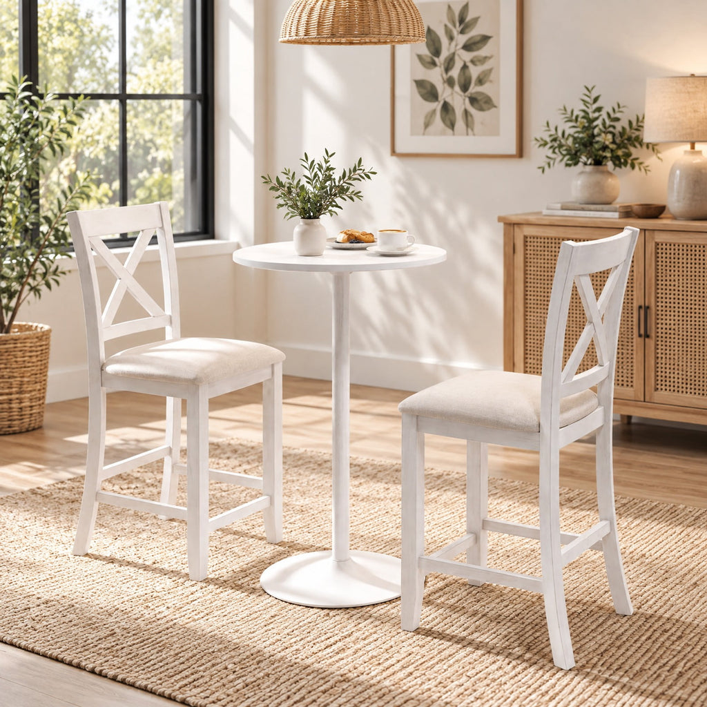Airfind Modern Farmhouse Counter Height Stools with Footrest and Cushion, 330 lbs Capacity, Rubber MDF Linen Sponge Frame, White