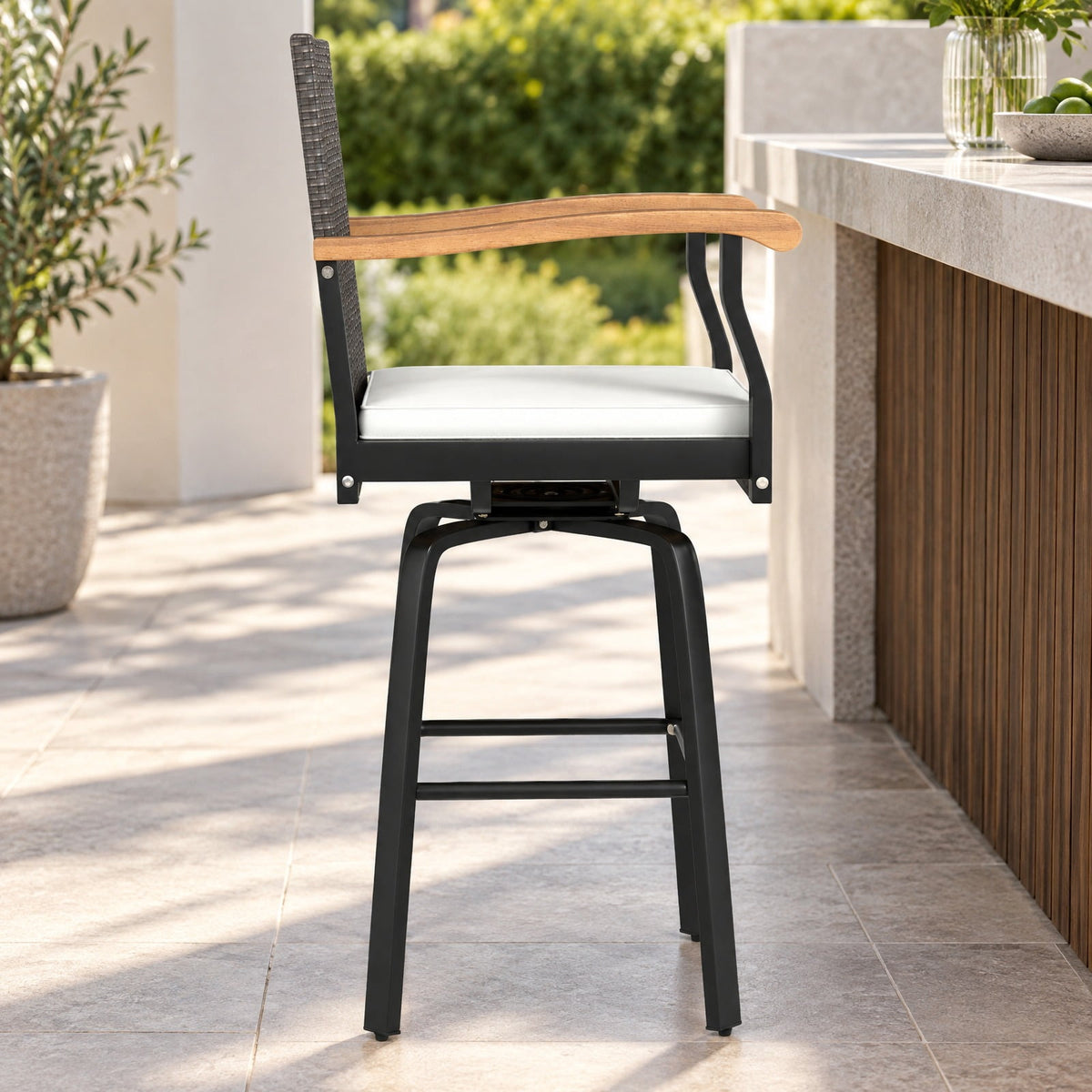 Airfind One Outdoor 360° Swivel Bar Stool with Cushion and Acacia Wood Armrests, 400 lbs Capacity, Wood