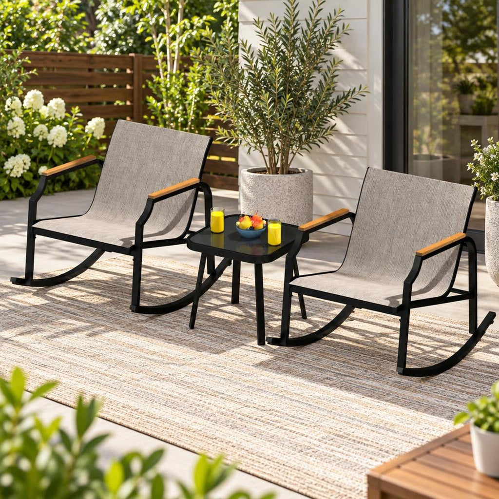 Airfind 3 Piece Patio Rocking Bistro Set with Tempered Glass Coffee Table and Armrests for Porch, Rocking Chair 330 lbs Capacity, Brown
