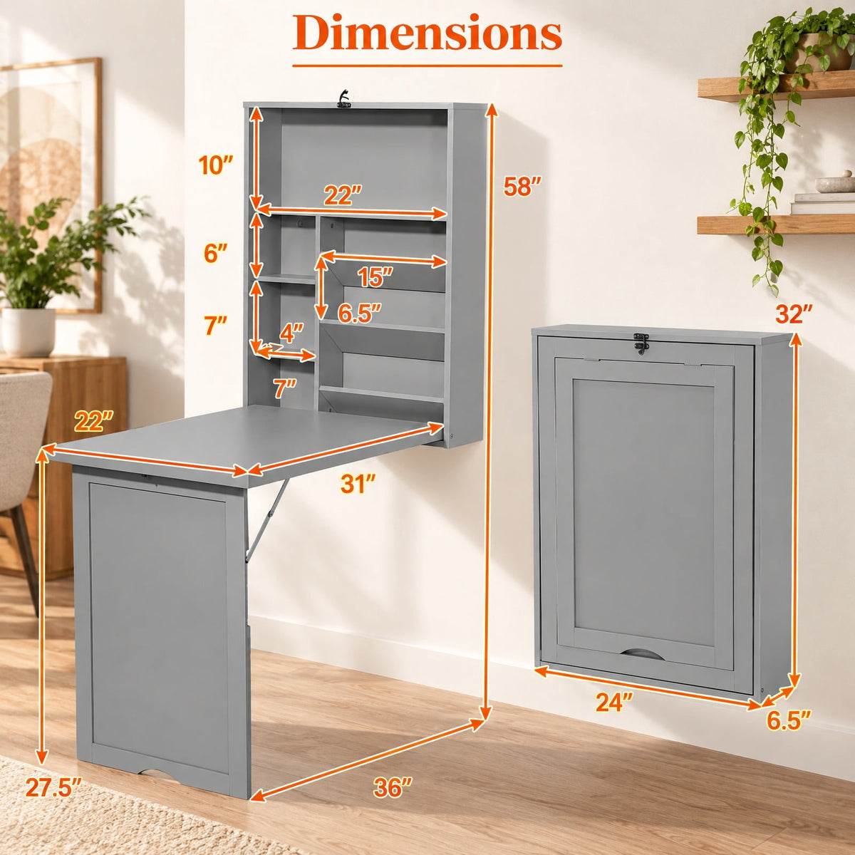 Airfind Wall-Mounted Fold-Out Convertible Floating Desk Space Saver, Engineered Wood MDF, 36 Inch x 24 Inch