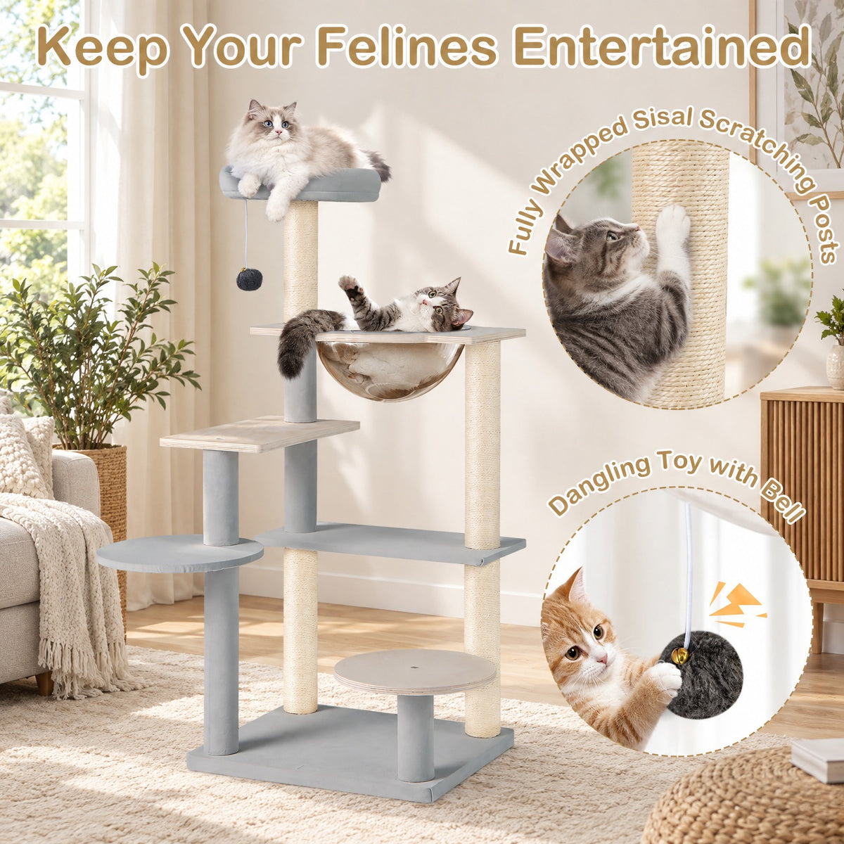 Airfind Modern Cat Tree 44 Inch Multi-level Cat Tower with Removable Padded Top Perch, 22 Lbs Capacity with Solid Plywood Sisal Engineered, Natural