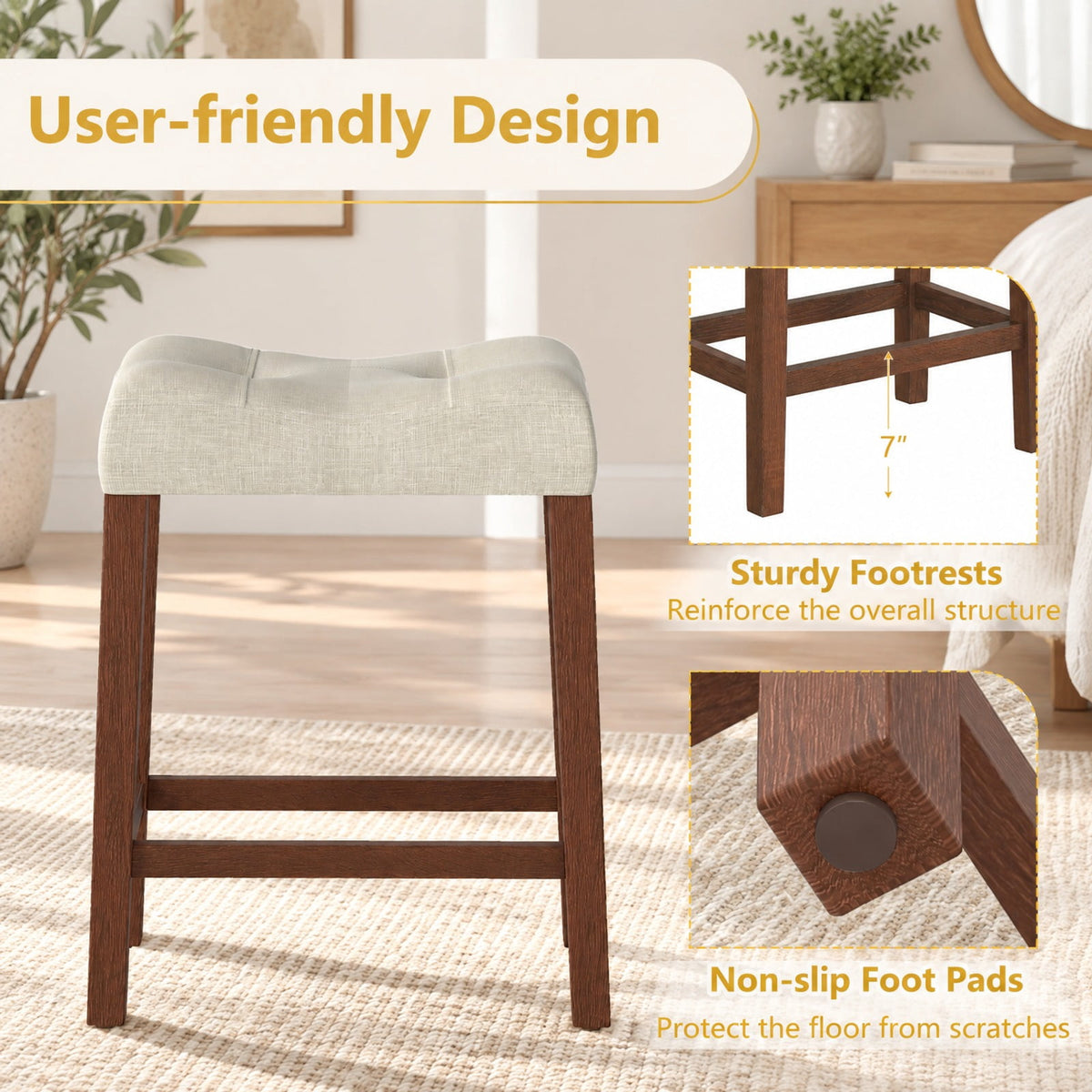 Airfind Set of 2 Upholstered Counter Height Bar Stool with Curved Saddle-Seat, 330 lbs Capacity, Rubber Wood MDF Fabric Sponge Frame, Brown
