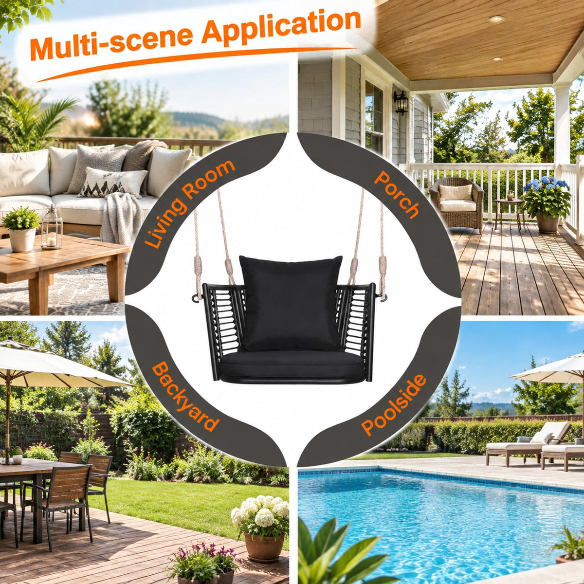 Airfind Porch Swing Patio Hanging Rattan Chair with Zippered Cushions and Rope, 400 lbs Capacity, 30.5 x 24.5 x 15 Suitable Hanging Footprint