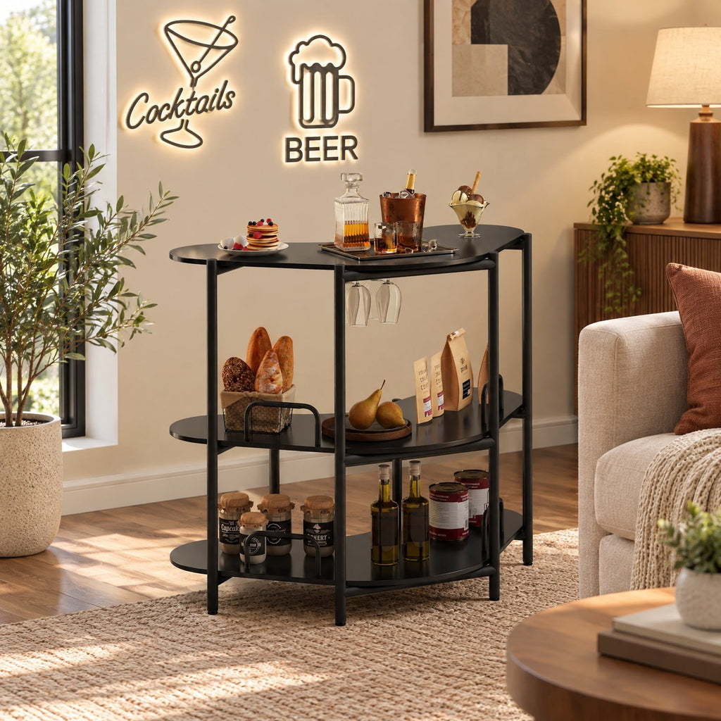 Airfind 3-Tier Liquor Bar Table with Stemware Racks and Storage Shelves, 200 lbs Capacity, Engineered Wood Metal Frame, 48 x 26 x 40 Footprint
