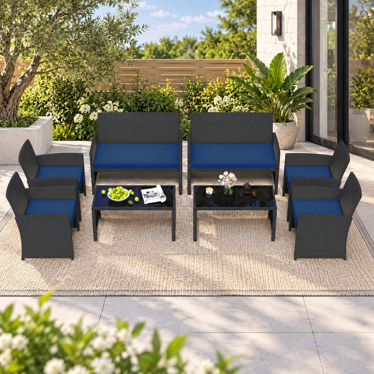 Airfind 4 Pieces Patio Furniture Set with Tempered Glass Tabletop and Removable Cushion, 400 lbs Capacity, Rattan Steel Sponge Frame, Navy