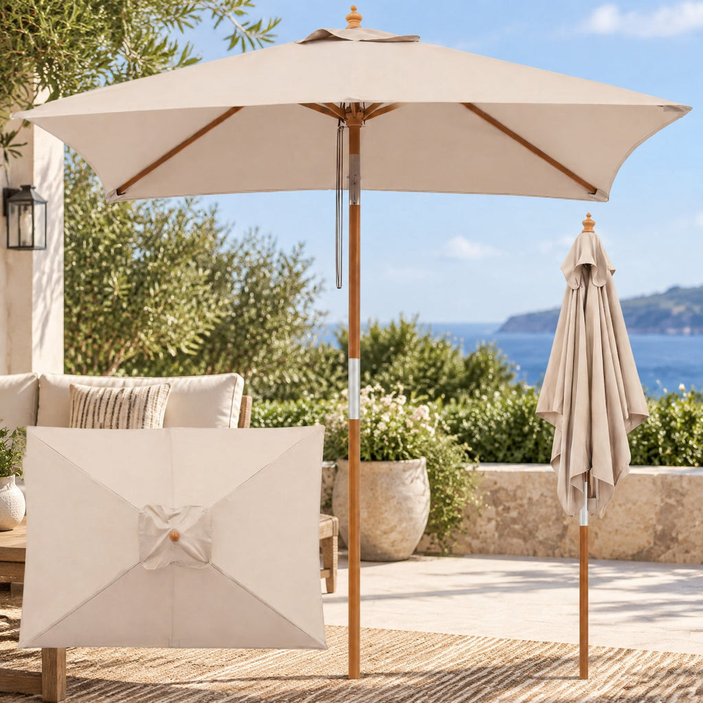 Airfind 7 Feet Outdoor Rectangular Patio Umbrella with 3 Adjustable Heights, Fabric Hardwood Bamboo Frame, 7 x 5.5 x 7.7 ft Umbrella Footprint
