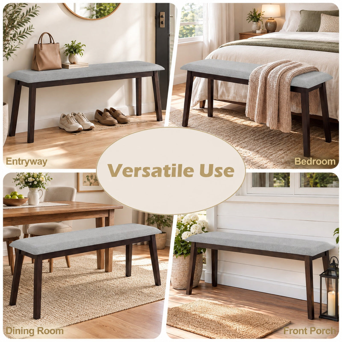 Airfind 43.5 Inch Upholstered Entryway Bench with Rubber Wood Frame, 550 lbs Capacity, Faux Linen Fabric Frame, 43.5 Inch x 14 Inch x 18 Inch Footprint, Grey