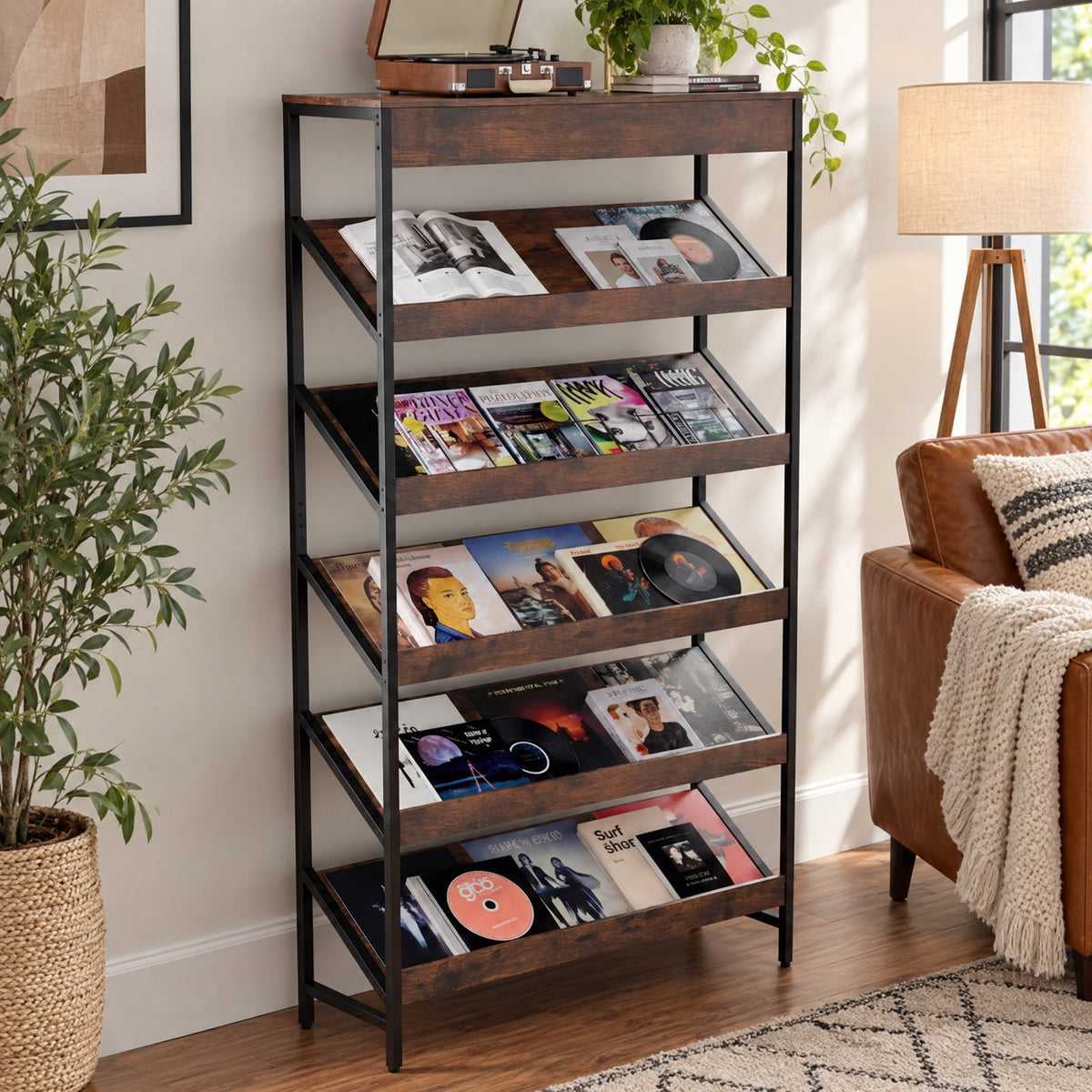 Airfind 6-Tier Tall Freestanding Bookshelf with Angled Shelves for Home Office, 230 lbs Capacity, Engineered Wood Frame, Brown