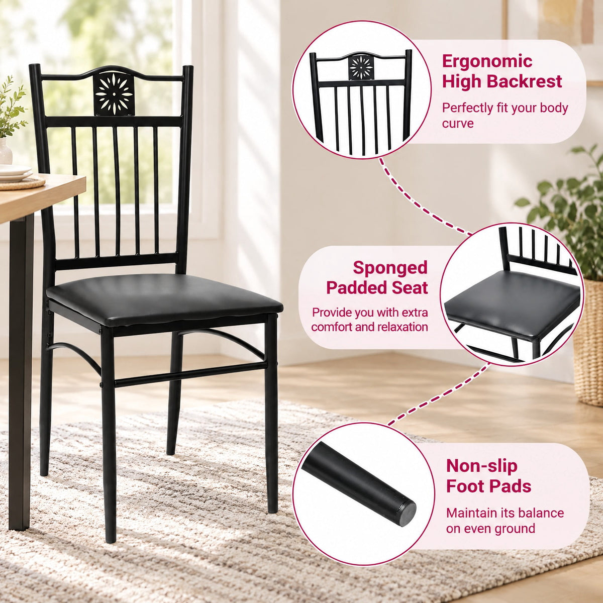 Airfind 5 Pcs Dining Set Wood Metal Table and 4 Chairs with Cushions, 132 lbs Capacity, Steel tube and MDF Frame, Black
