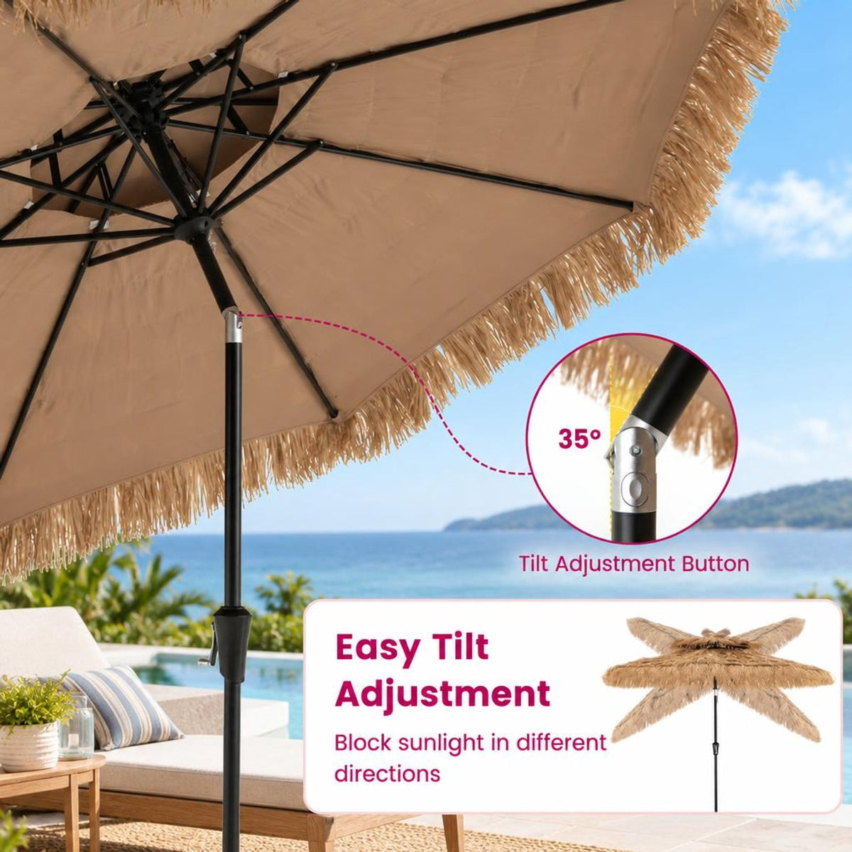 Airfind 9 Feet Thatched Tiki Umbrella with 8 Ribs, PE iron polyester fabric Frame, 9 x 9 x 8.3 (L x W x H) Tilt angle range: 0-30° Footprint