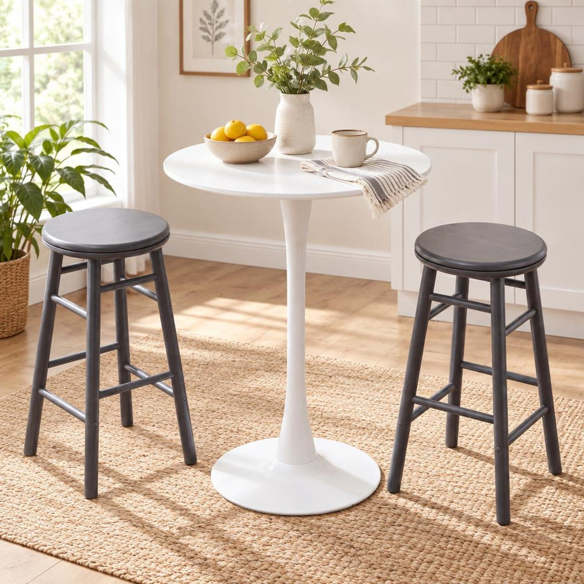 Airfind 24 Inch Swivel Bar Stools Set of 2 with Footrests and Crossbars, 330 lbs Capacity, Rubber Wood Frame, 13 Inch x 13 Inch x 24 Inch Footprint, Gray