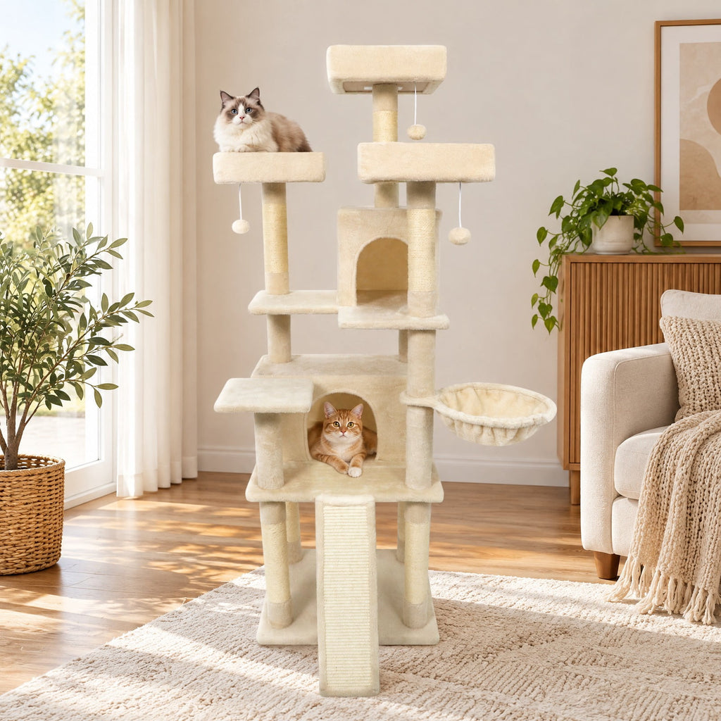 Airfind 65 Inch Tall Multi-level Cat Tree with 3 Upholstered Perch and 2 Cat Condos, Fabric Sisal Engineered Wood Overall Height 65 Inch Base Frame