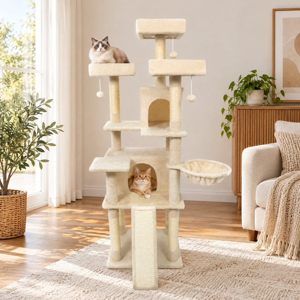 Airfind 65 Inch Tall Multi-level Cat Tree with 3 Upholstered Perch and 2 Cat Condos, Fabric Sisal Engineered Wood Overall Height 65 Inch Base Frame