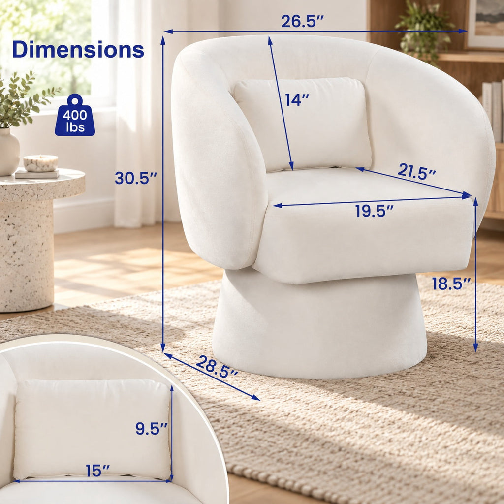 Airfind Swivel Accent Chair Upholstered Barrel Chair with Curved Back and Removable Lumbar Pillow, 400 lbs Capacity, 28.5 x 26.5 x 30.5 Footprint
