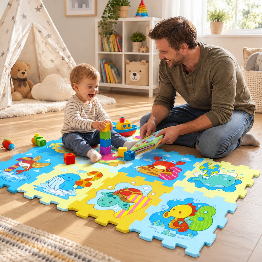 Airfind EVA Foam Baby Play Mat with 8 Interlocking Animal and Number Shapes, Non-Slip Stackable Floor Tiles for 10 Months and Up, Colorful