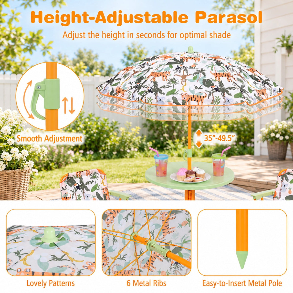 Airfind Kids Outdoor Table and Chair Set with 2 Folding Chairs and Height Adjustable Umbrella, 165 lbs Capacity, for 3-6 Years Old, Yellow