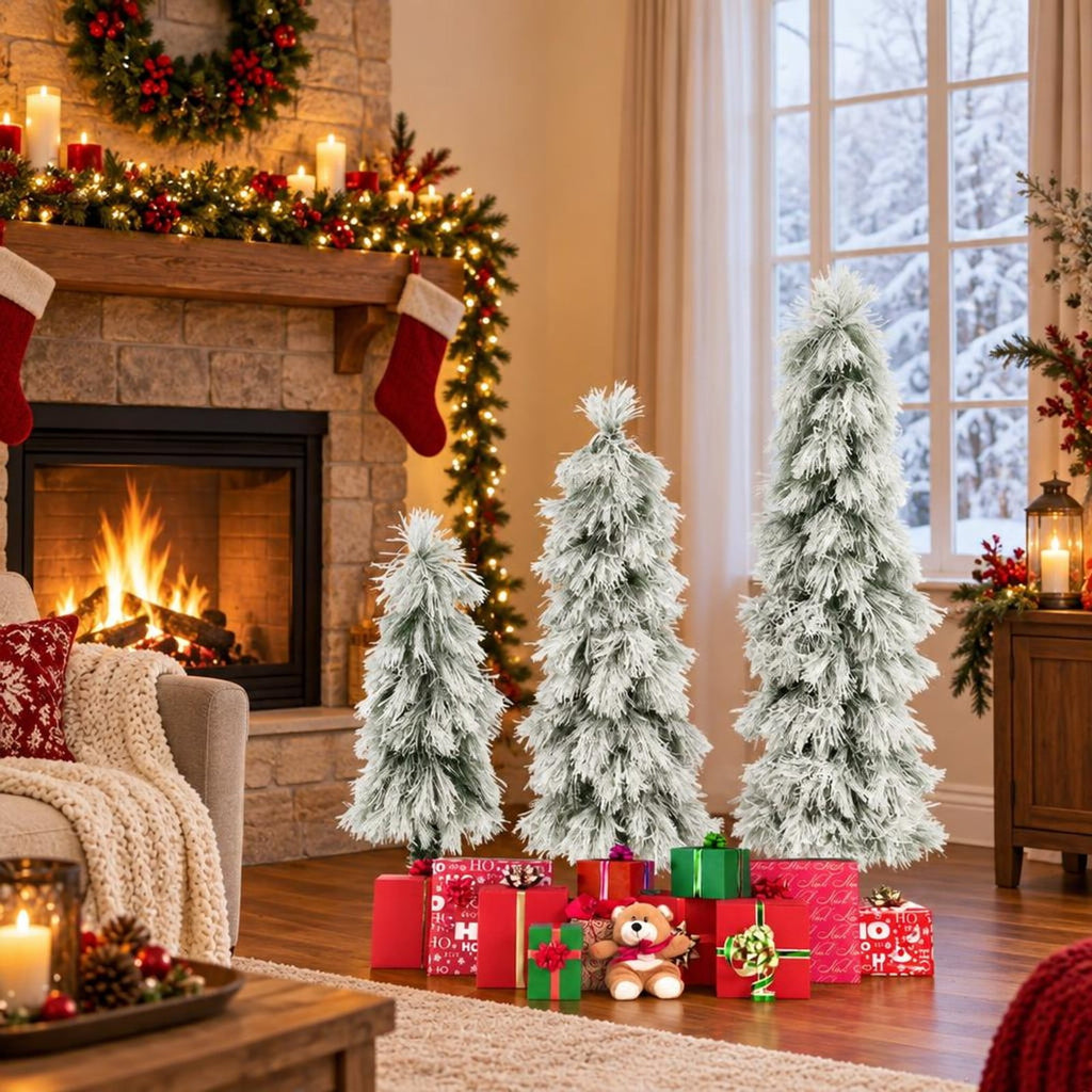 Airfind Artificial Christmas Tree Set of 3 with Snow, PVC Metal Tree Height 3 ft Tree Width 12 Base Frame, Green + White