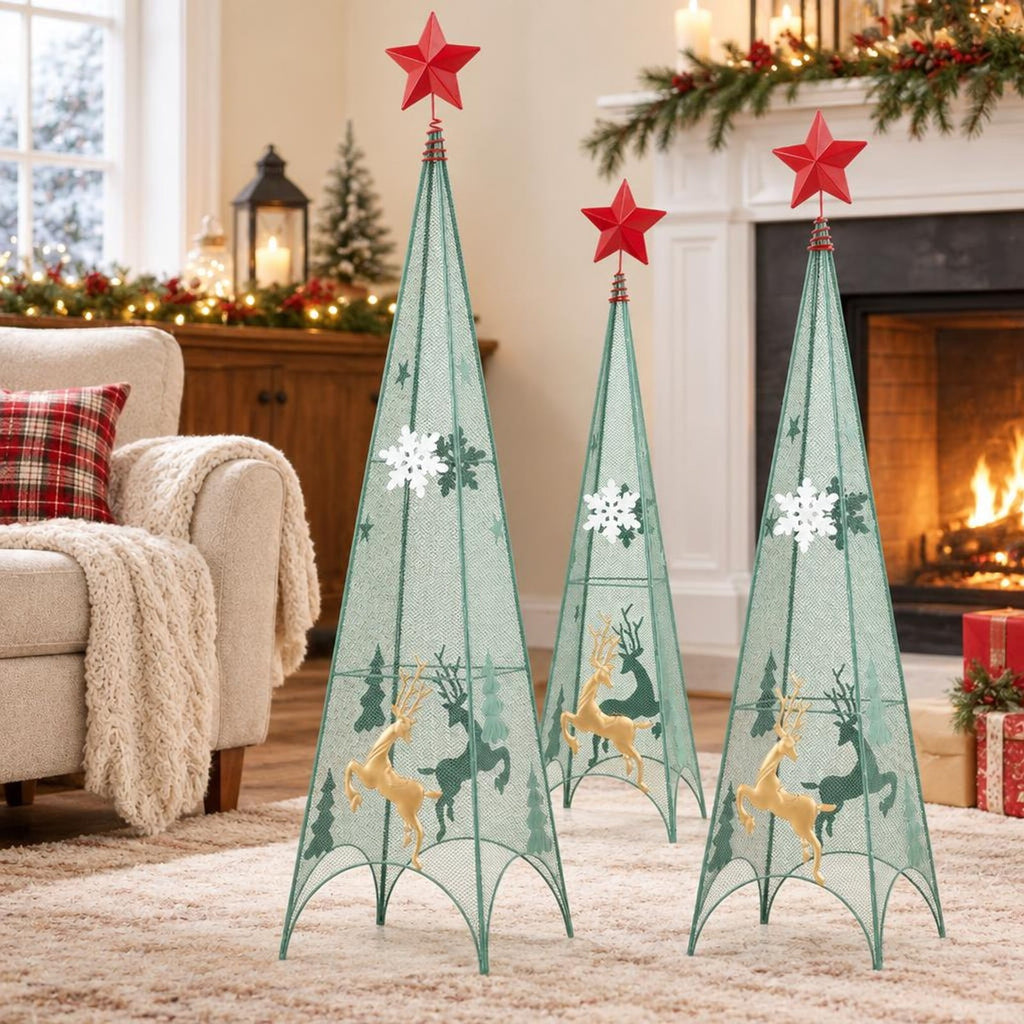 Airfind 3/3.5/4 Feet Set of 3 Tower Shaped Christmas Trees with Removable Star Toppers, Metal Small Frame, 9in x 9in x 37in Medium Footprint