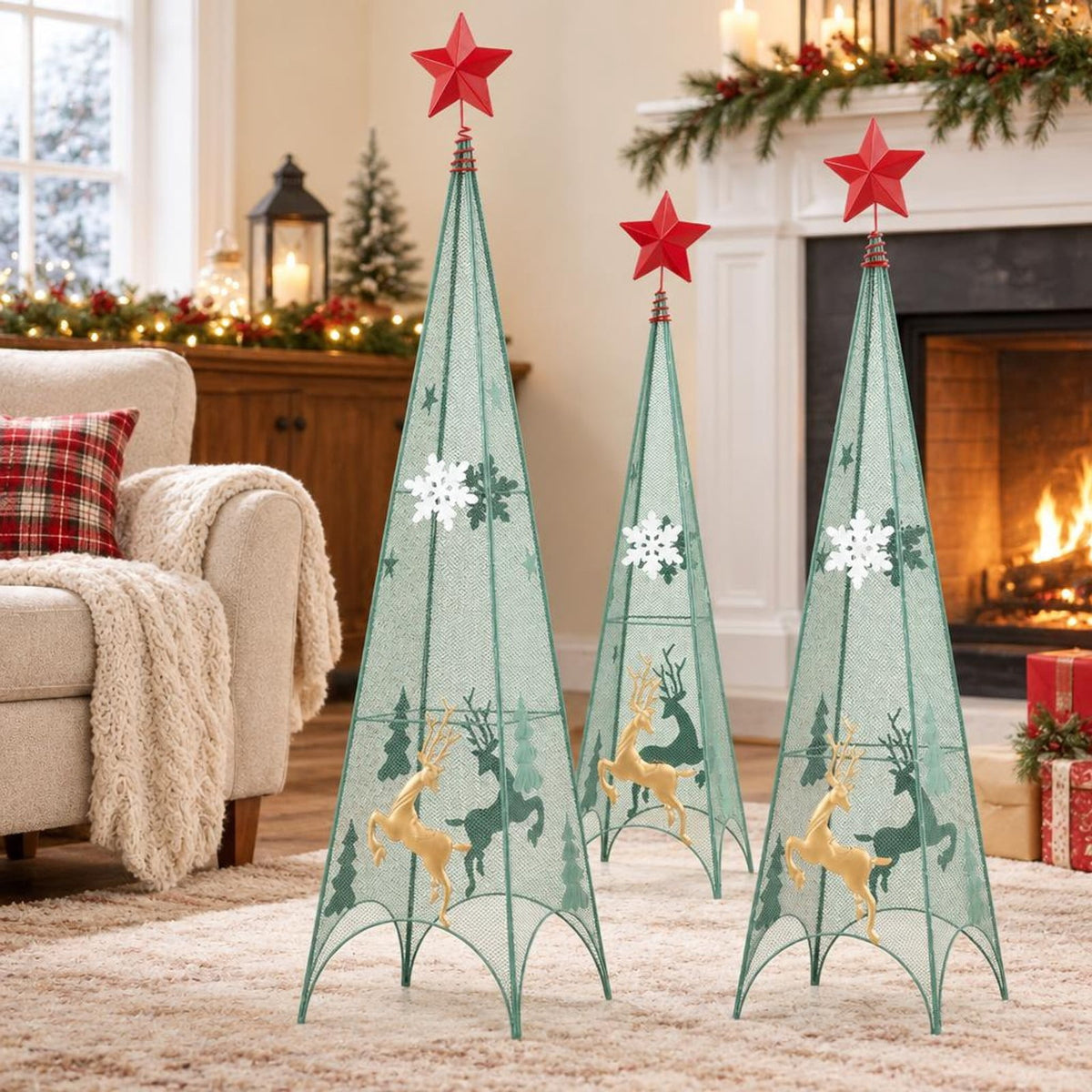 Airfind 3/3.5/4 Feet Set of 3 Tower Shaped Christmas Trees with Removable Star Toppers, Metal Small Frame, 9in x 9in x 37in Medium Footprint