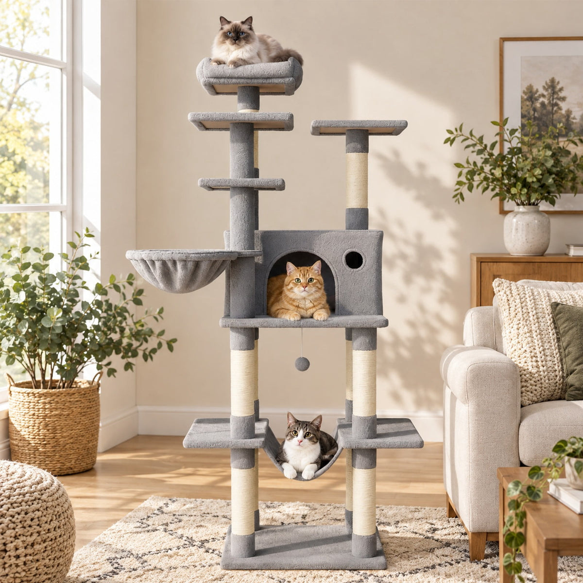 Airfind Large Cat Tree for Indoor Cats 63 Inch Tall Cat Tower, Plush Fabric Sisal Engineered Wood Base Frame, Gray