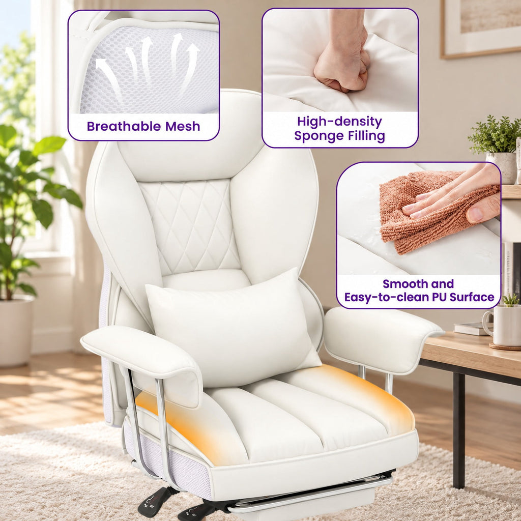 Airfind PU Leather Home Office Chair 400 lbs High Back Executive Chair, 400 lbs Capacity, PU Leather Sponge Pocket Spring Plywood Metal Frame, White