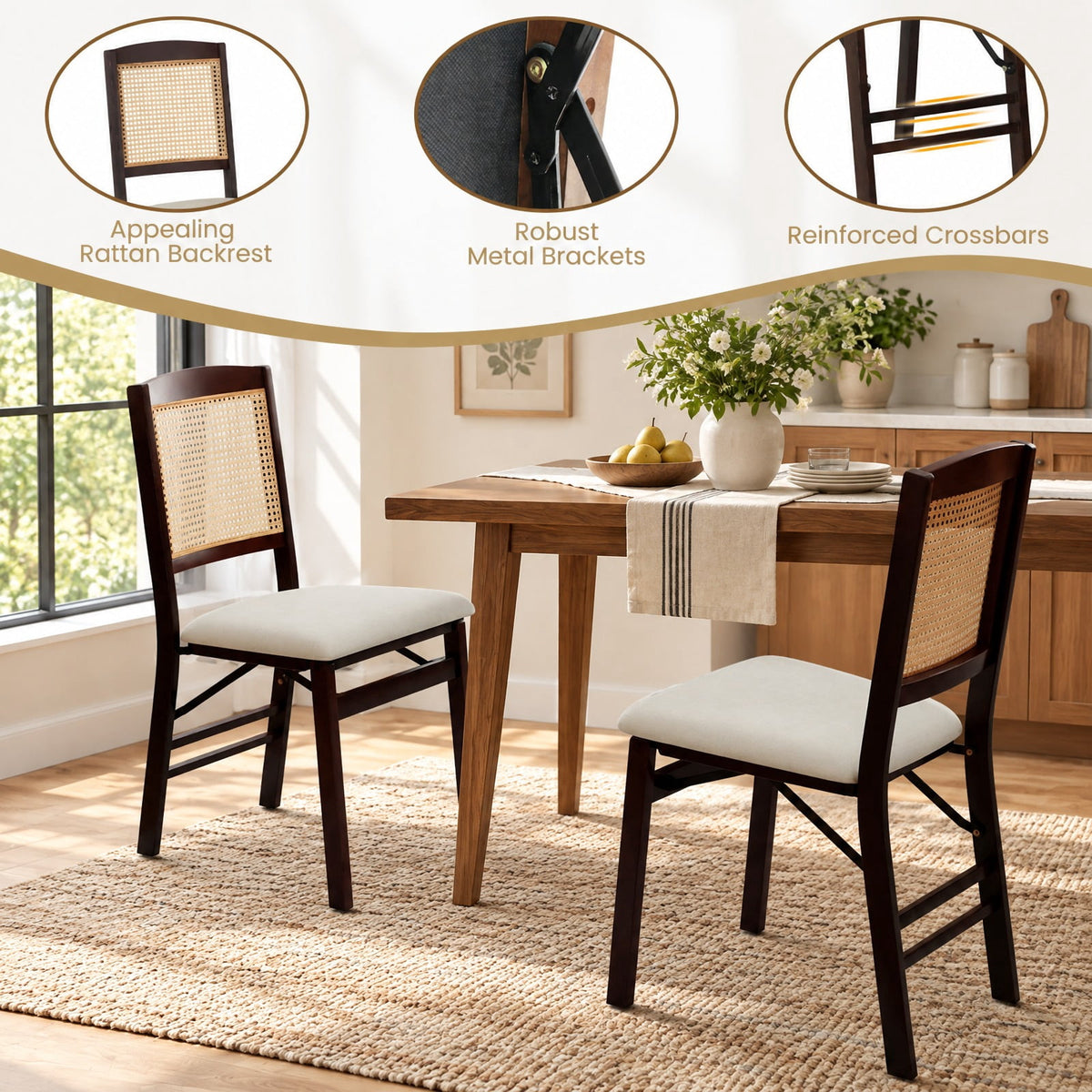 Airfind Folding Dining Chairs Set of 2 Rubber Wood Chairs with Linen Padded Seat, 400 lbs Capacity, Rubber Wood PE Rattan Linen Fabric Sponge Frame
