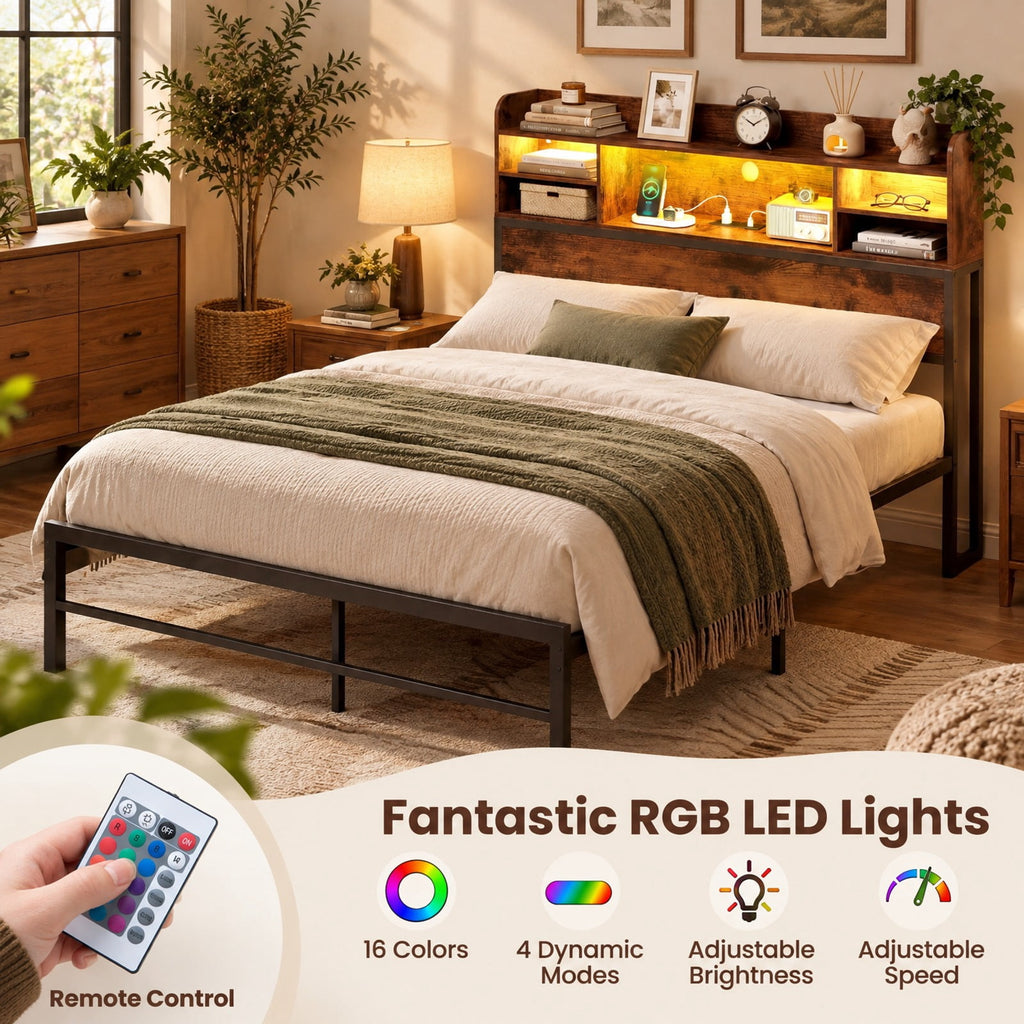 Airfind Full Size Bed Frame with Headboard LED Lights and Charging Station, 660 lbs Capacity, Metal Engineered Wood MDF Frame, Brown