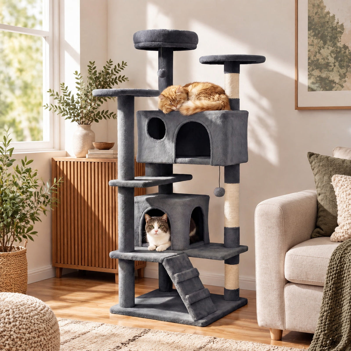 Airfind 52 Inch Tall Cat Tree Tower for Indoor Cats, 22 lbs Capacity, Engineered Wood Sponge Plush Fabric Sisal Frame, Light Gray