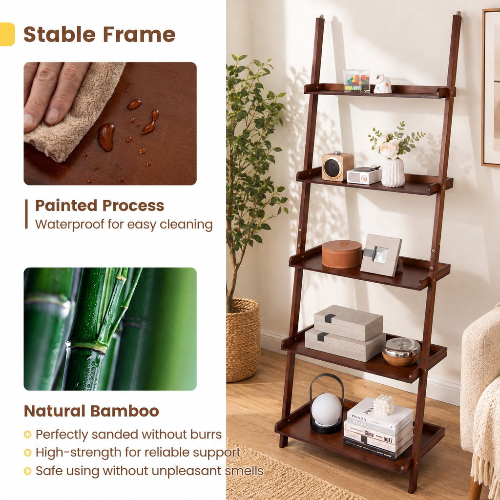 Airfind 5-Tier Ladder Shelf Bamboo Bookshelf Wall-Leaning Storage Display Plant Stand, Bamboo Frame, Walnut