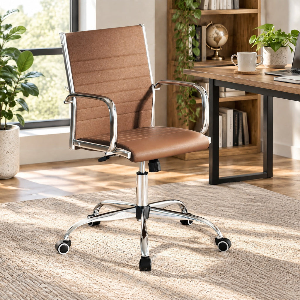 Airfind Office Chair Height Adjustable Conference Room Chair with Rocking Backrest Armrests, 330 lbs Capacity, PU Leather Sponge Metal Frame, Brown