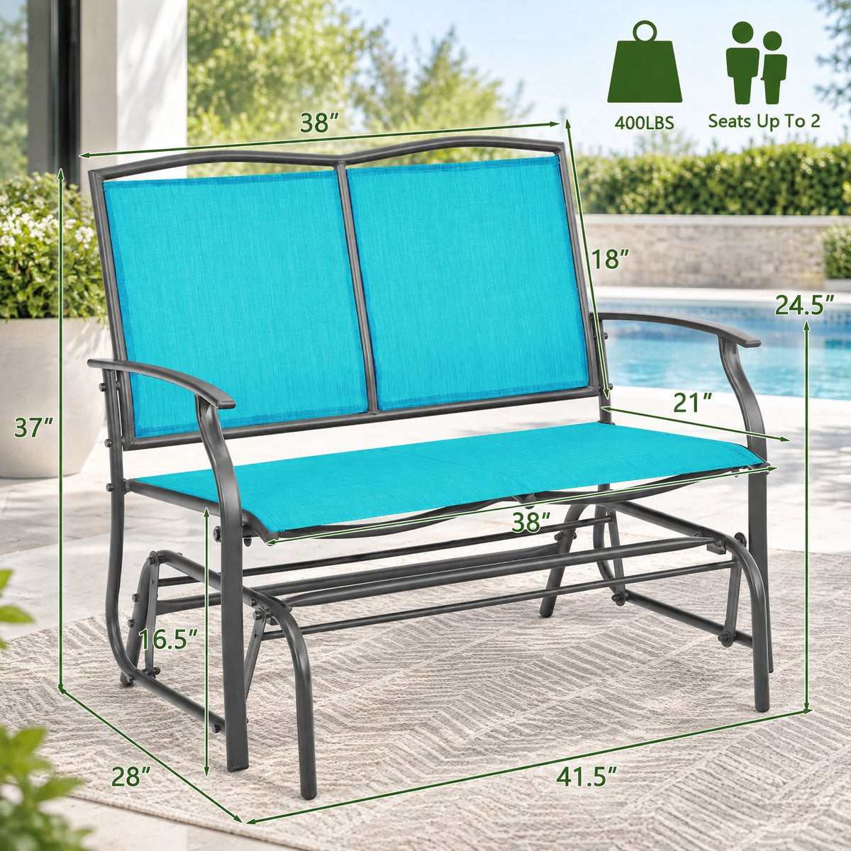 Airfind Iron Patio Glider Loveseat for Outdoor Backyard, 396 lbs Capacity, Steel and textilene Frame, 41.3 x 28.1 x 36.6 Footprint, Turquoise