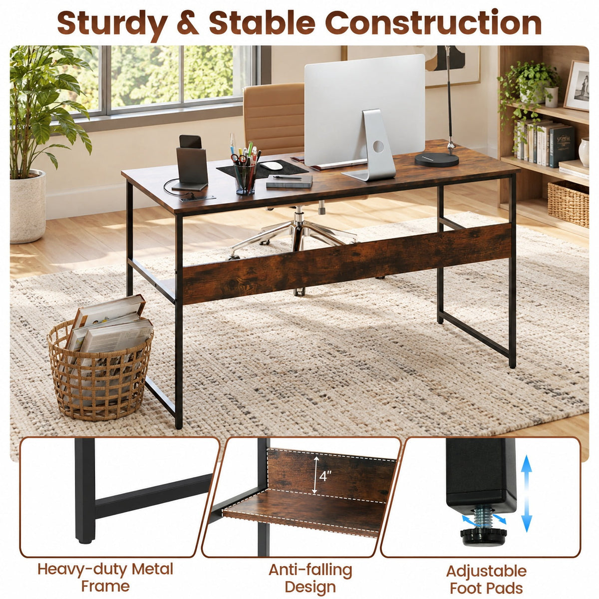 Airfind 55 x 24 inch Computer Desk with Power Outlets and USB Ports, 220 lbs Capacity, Engineered Wood Metal Frame, Brown
