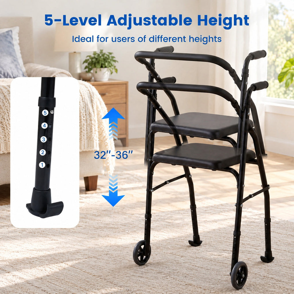 Airfind Lightweight Aluminum Mobility Walker for Seniors with 2 Wheels 5-Level Adjustable Height and Padded Seat, 220 lbs Capacity, Black