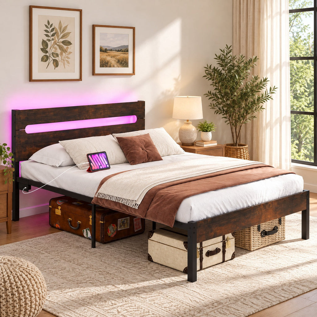 Airfind Heavy-Duty Metal Slats Support Bed Platform with Charging Station, 880 lbs Capacity, Metal Engineered Wood Frame, Brown