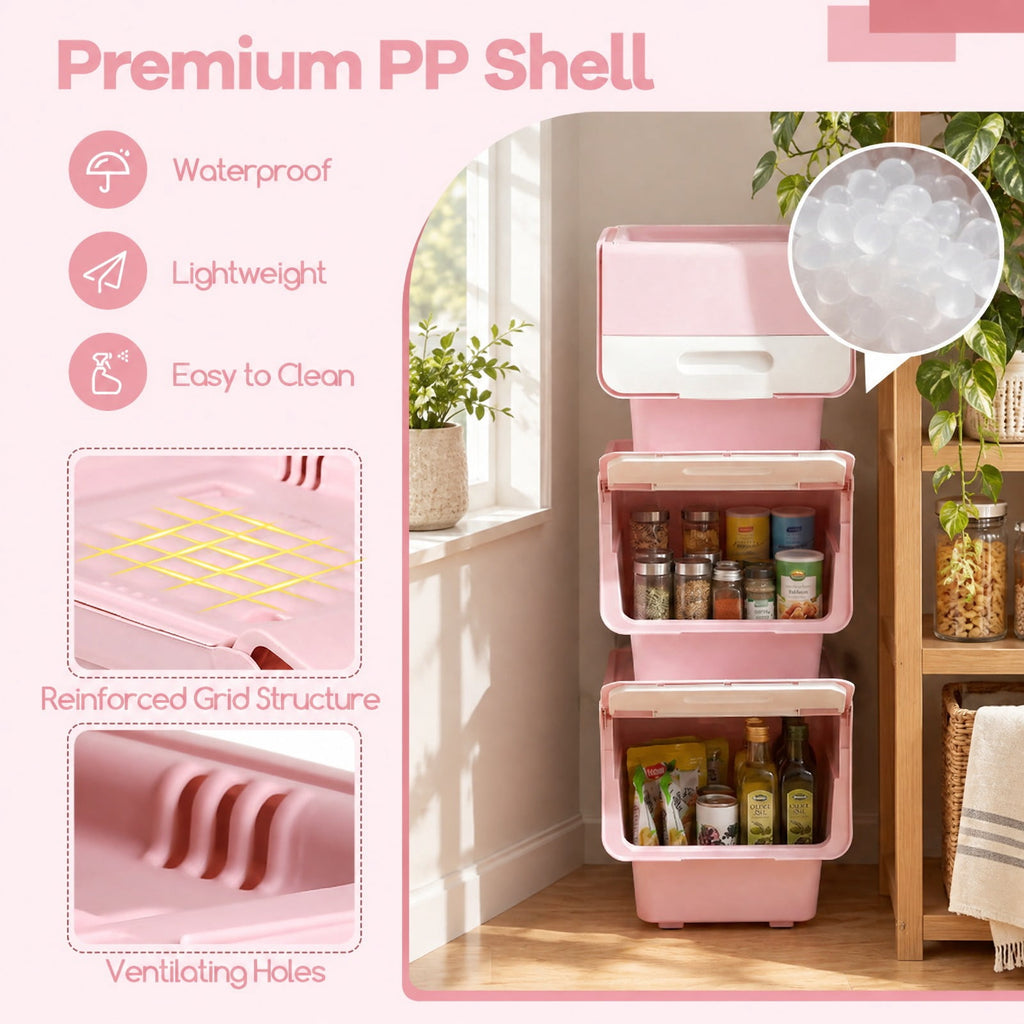 Airfind 3 Pieces Storage Bins on Wheels Stackable Plastic Boxes with Stay-Open Lid (S), 13 lbs Capacity, PP Frame, Pink