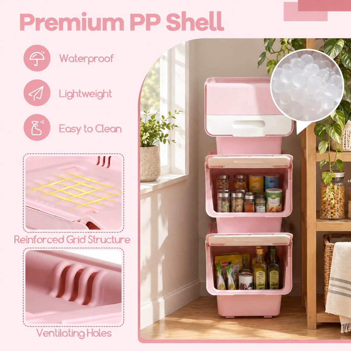 Airfind 3 Pieces Storage Bins on Wheels Stackable Plastic Boxes with Stay-Open Lid (S), 13 lbs Capacity, PP Frame, Pink