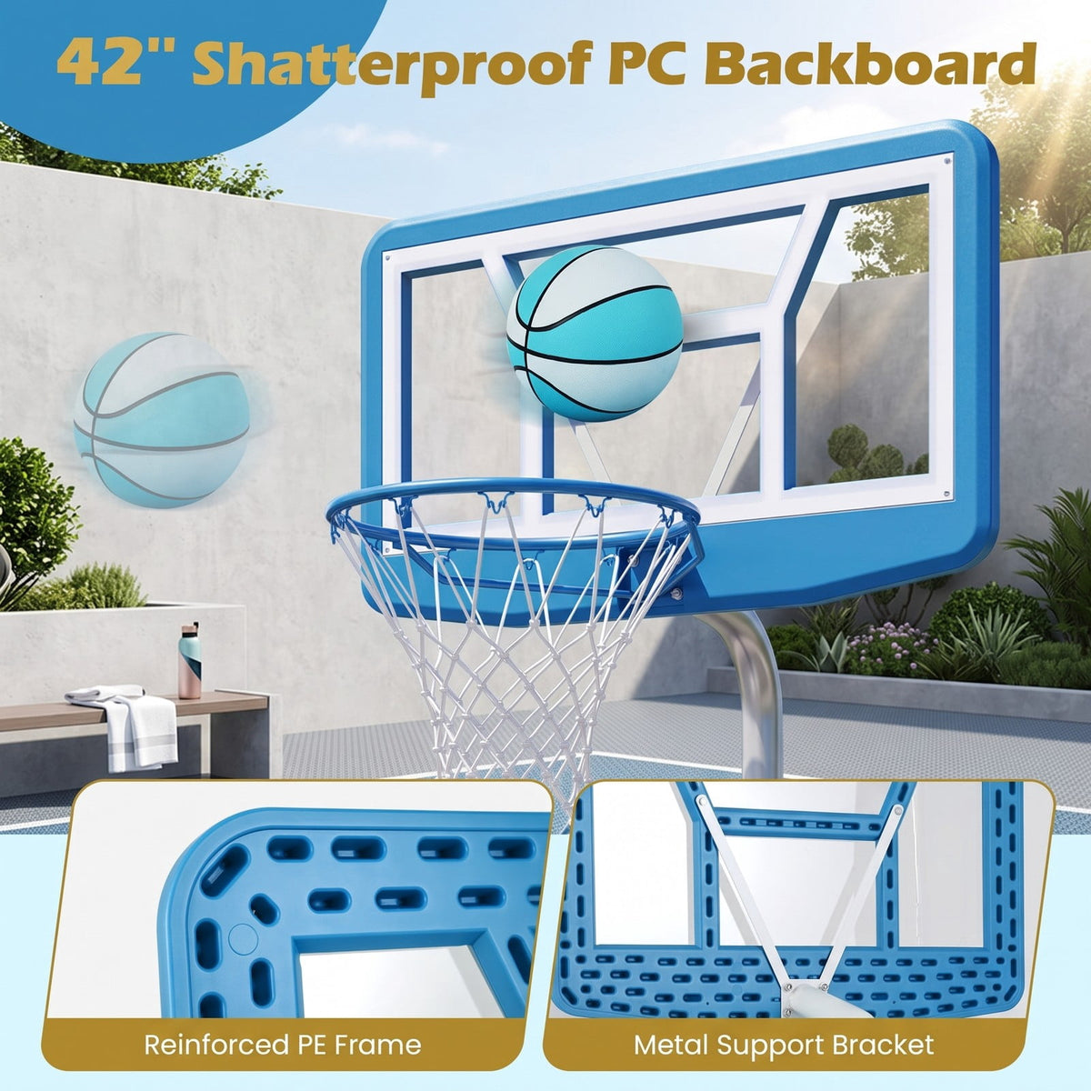 Airfind Pool Basketball Hoop Set with 2 Balls and Inflation Pump, Poolside Water Basketball Game with Weighted Fillable Base and Shatterproof Backboard for, Light Blue