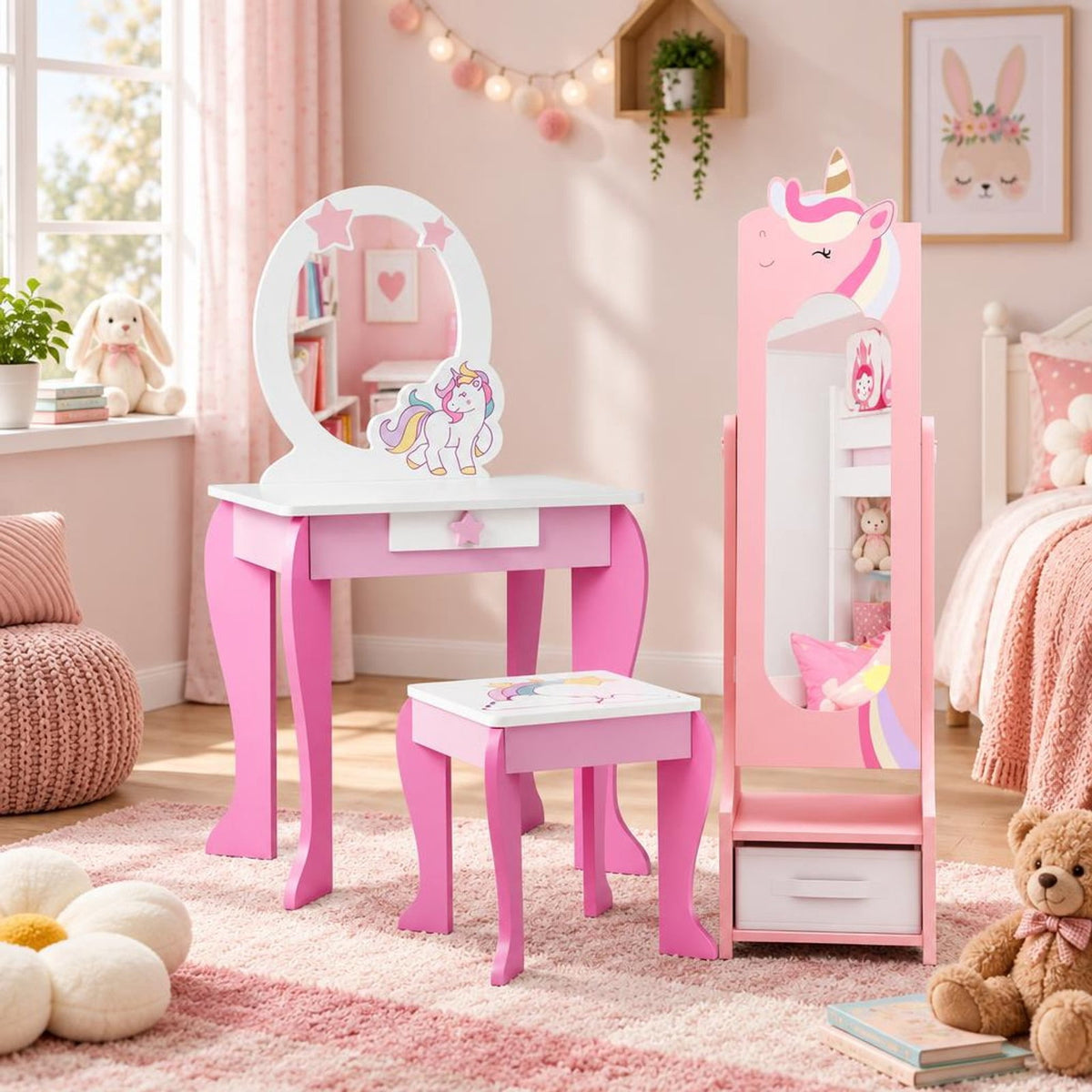 Airfind Kids Jewelry Armoire Cabinet with Storage and 2 Tilt Angles, MDF Frame, 12.5 x 12 x 45.5 Footprint, Pink