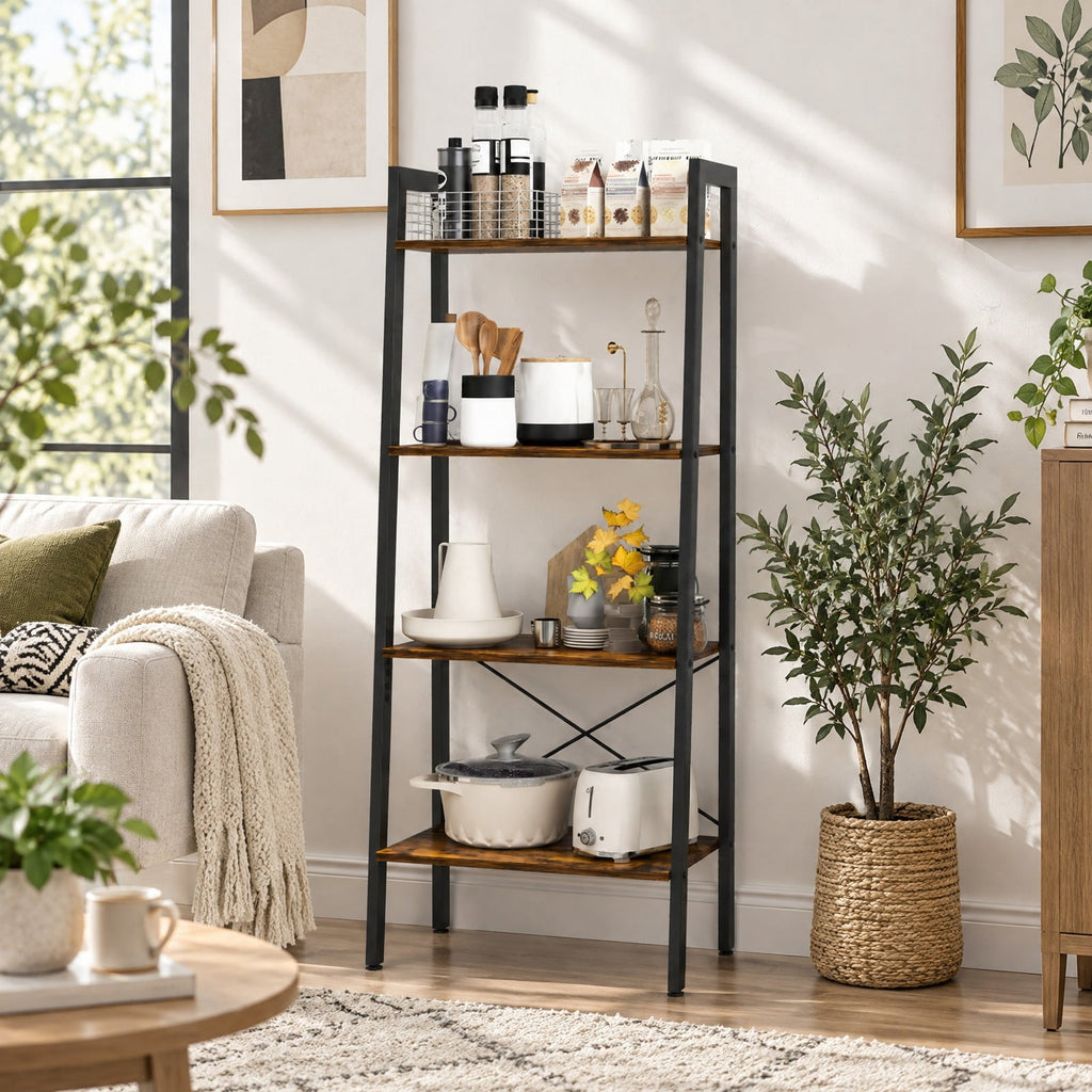 Airfind 4-Tier Bookshelf with Metal Frame and Adjustable Foot Pads, 200 lbs Capacity, Metal Engineered Wood Frame, Brown