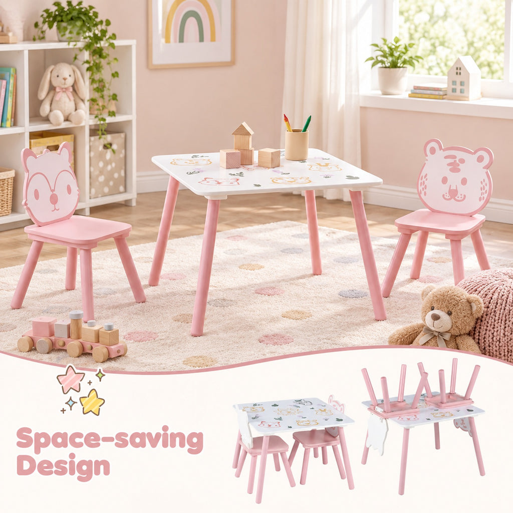 Airfind 3 Pieces Kids Table and Chairs Set with Animal Patterns for Kids, 44 lbs Capacity, Pine Wood Frame, for 3-6 Years Old