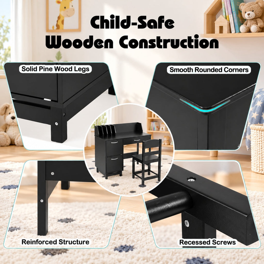 Airfind Wooden Kids Study Desk and Chair Set Student Workstation, 110 lbs Capacity, MDF Solid Wood Frame, for 3+, 35.5 x 18 x 32 Footprint, Black