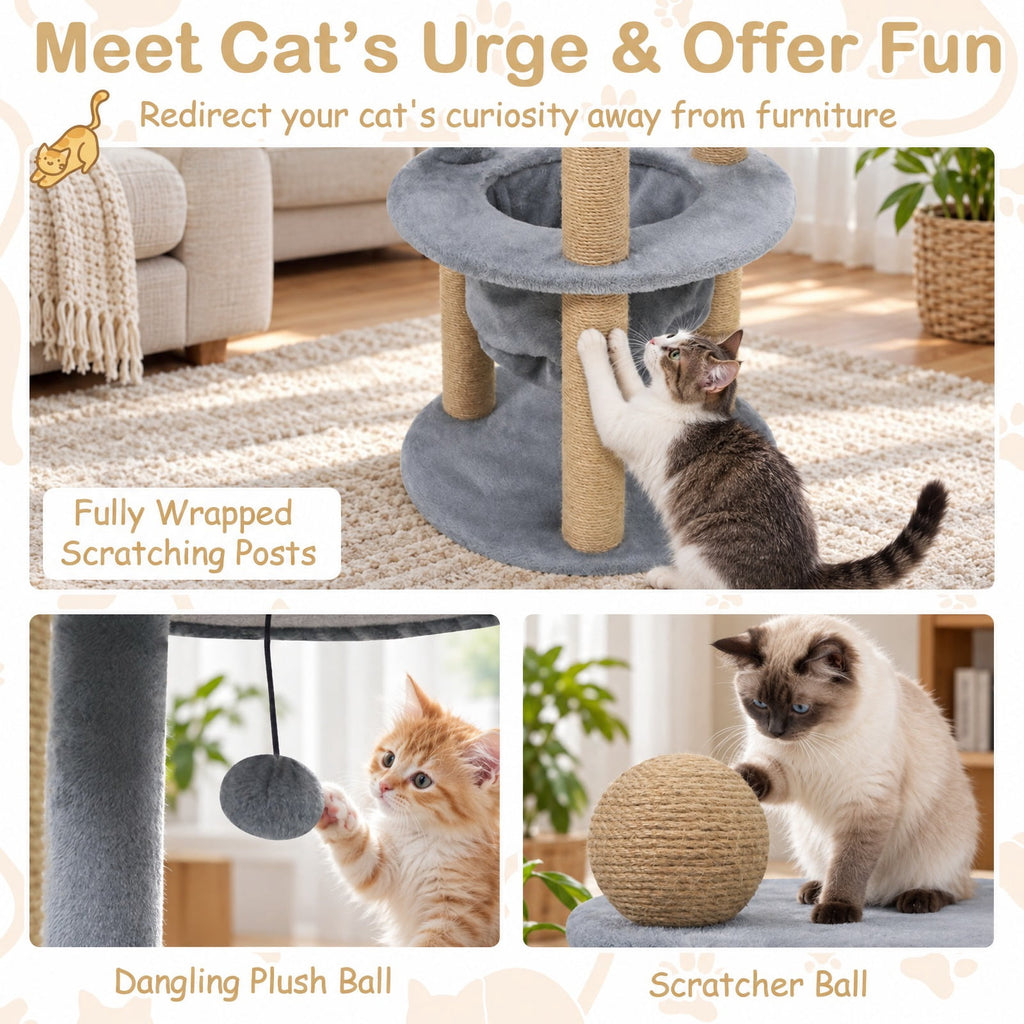 Airfind 47 Inches Tall Cat Tower with Cat Nest and Scratching Posts, 33 lbs Capacity, Engineered Board Plush Jute Total Height 47 Base Frame, Gray
