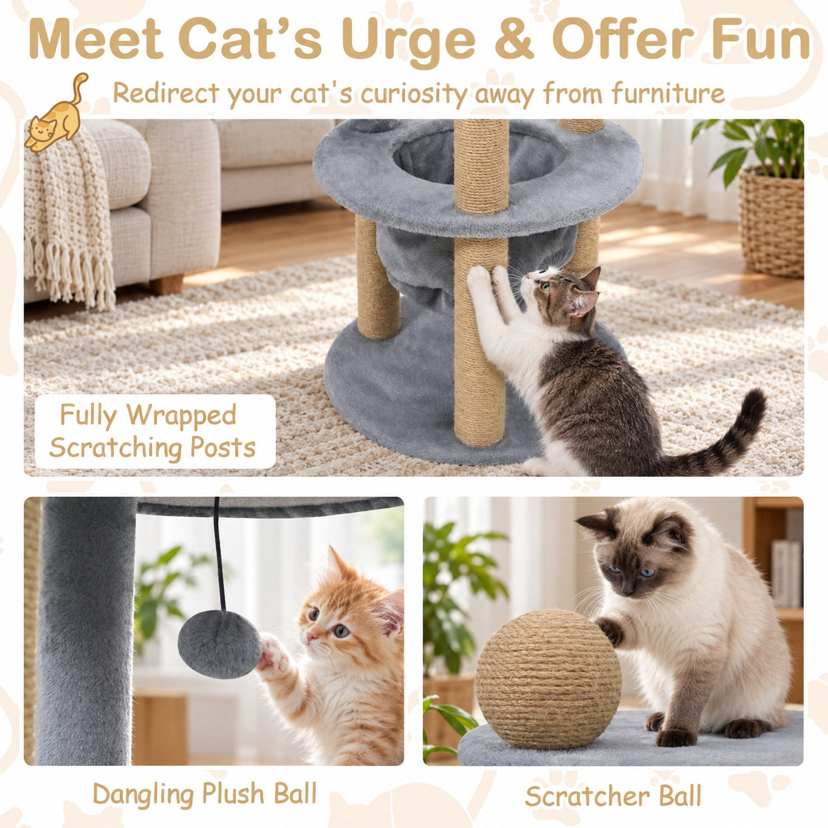 Airfind 47 Inches Tall Cat Tower with Cat Nest and Scratching Posts, 33 lbs Capacity, Engineered Board Plush Jute Total Height 47 Base Frame, Gray