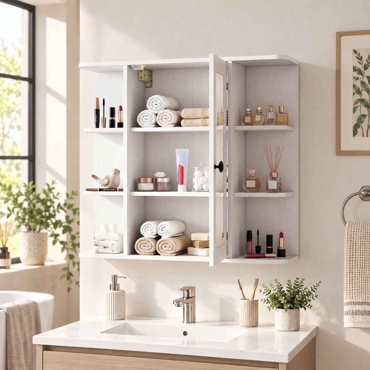 Airfind Wall Mounted Bathroom Medicine Cabinet with Mirror and Shelves, 120 lbs Capacity, MDF Engineered Wood Glass Frame, White
