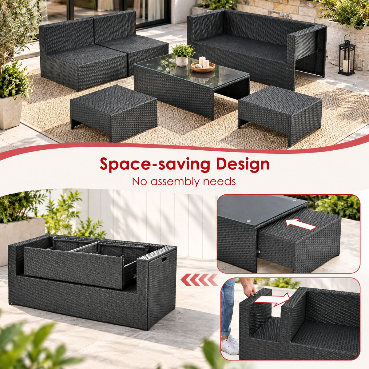 Airfind 6 Pieces Patio Rattan Furniture Set with Glass Table and Cushioned Seat, 530 lbs Capacity, Steel Frame, 60 x 28.5 x 25 Footprint, Gray